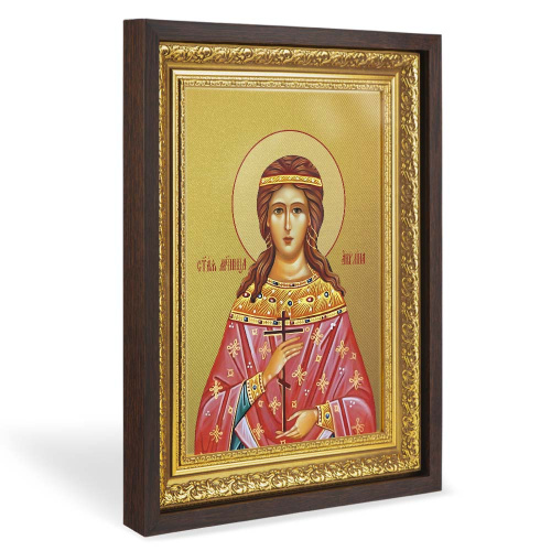 Икона мученицы Акилины Младшей, в широком багете, цвет "темный дуб", на холсте, с золочением