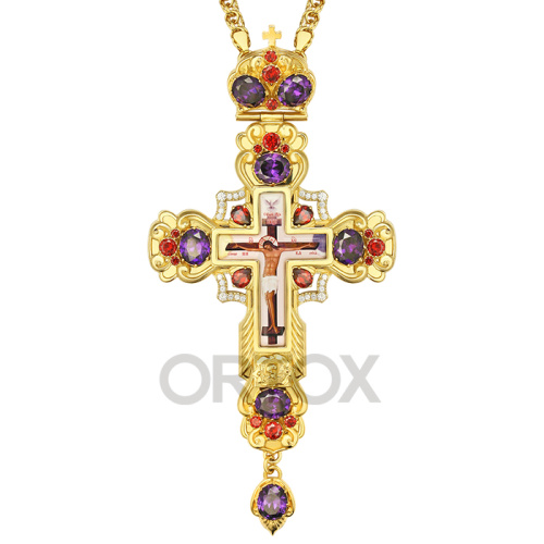Крест наперсный латунный, позолота, фианиты, высота 16 см фото 5