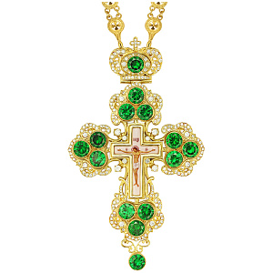 Крест наперсный из ювелирного сплава в позолоте, зеленые фианиты, высота 15 см (вес 218,43 г)