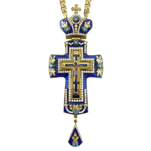 Крест наперсный латунный в позолоте с цепью, с эмалью и фианитами, 6х15 см фото 5