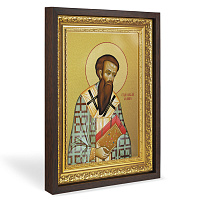 Икона Василия Великого, в широком багете, цвет "темный дуб", на белом холсте, с золочением