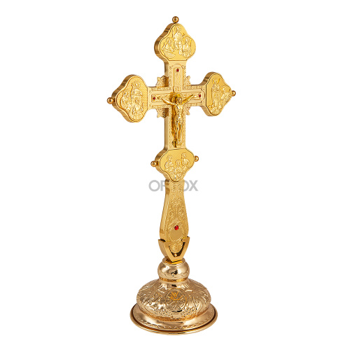 Крест напрестольный латунный, гравировка, камни, цвет "под золото" фото 9