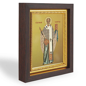 Икона Николая Чудотворца, в узком багете, цвет "темный дуб", на холсте, с золочением, №2 (14,3х17,4 см (под икону А7))