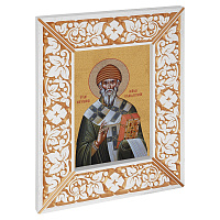 Икона святителя Спиридона Тримифунтского, в широкой резной раме, белая с золотом (патина), холст с золочением, ширина рамы 12 см