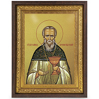 Икона Иоанна Кронштадтского, праведного, в широком багете, цвет "темный дуб", на холсте, с золочение