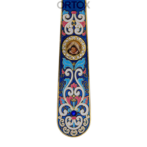 Крест требный латунный четырехконечный, синяя эмаль, камни, 17х29 см фото 5