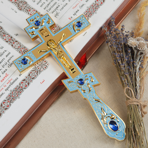 Крест напрестольный, голубая эмаль, синие камни, 14,5х26 см фото 5