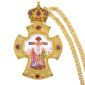 Крест наперсный серебряный, с цепью и позолотой, красные фианиты (вес 171 г)