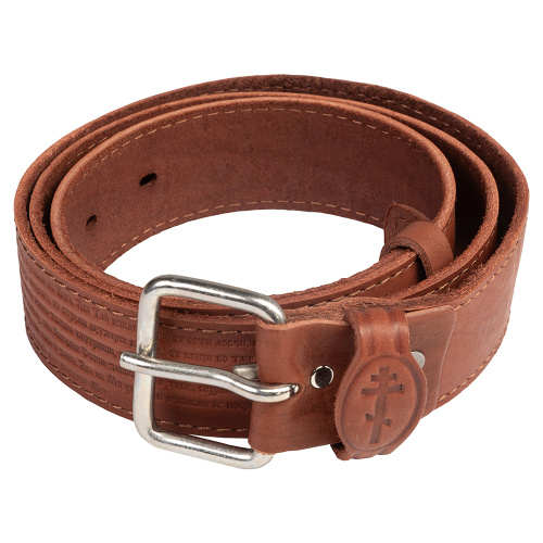 Ремень кожаный светло-коричневый с молитвой "Живый в помощи" (Псалом 90), 4 см