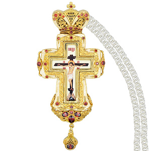 Крест наперсный латунный с цепью, в позолоте (красные фианиты)