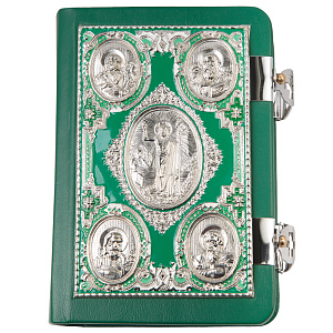 Евангелие требное малое зелёное, оклад "под серебро", кожа, эмаль, 12х16 см (никелирование)