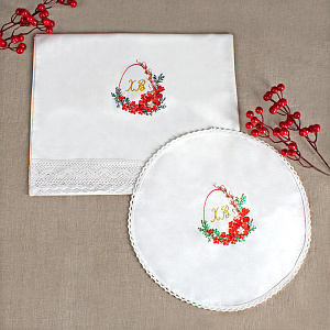 Комплект пасхальный "Весенние цветы": рушник и салфетка, бязь, вышивка (хлопковое кружево)
