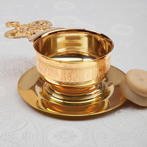 Ковш для запивки из ювелирного сплава в позолоте, красные фианиты, на ножке, Ø 7,9 см фото 2