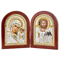 Складень греческий с ликами Спасителя и Божией Матери "Казанская", арочной формы на темной деревянно