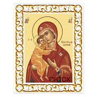 Икона Божией Матери "Феодоровская" в резной рамке, цвет "белый с золотом" (патина), ширина рамки 7 см