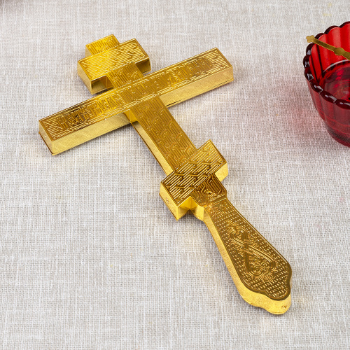 Крест напрестольный, цинковый сплав, белая эмаль, красные камни, 14,5х26 см фото 4