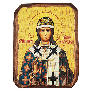 Икона святителя Никиты Печерского, епископа Новгородского, 6,5х9 см, под старину (береза)