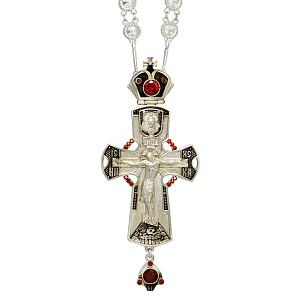 Крест наперсный серебряный, с цепью, фианиты, высота 13 см (чернение)