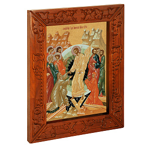 Икона Воскресения Христова, в узкой резной раме, цвет "кипарис", холст с золочением, ширина рамы 7 см (33х41,7 см (под икону А4))