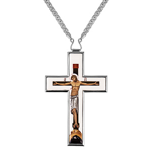Крест наперсный латунный в серебрении с цепью, деколь, 7х11 см (средний вес 124 г)