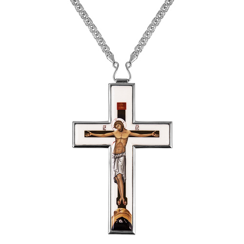 Крест наперсный латунный в серебрении с цепью, деколь, 7х11 см