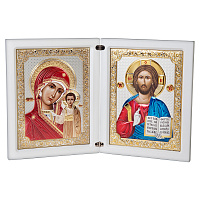 Складень греческий с ликами Спасителя и Божией Матери "Казанская", на белой деревянной основе, метал
