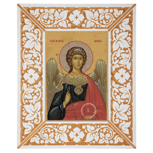 Икона Архангела Михаила, в широкой резной раме, белая с золотом (патина), холст с золочением, ширина рамы 12 см фото 2