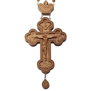 Крест наперсный "Наградной" деревянный светлый резной, с цепью, 8х17 см (защитный лак)