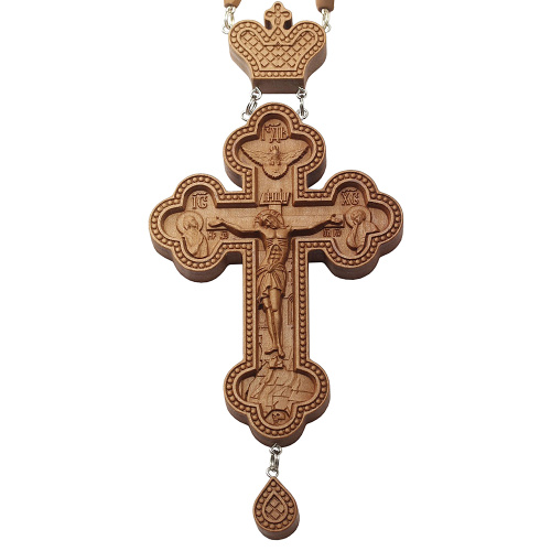 Крест наперсный "Наградной" деревянный светлый резной, с цепью, 8х17 см