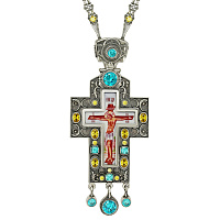 Крест наперсный серебряный, с украшениями, голубые фианиты, высота 14 см