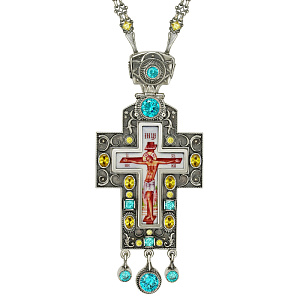 Крест наперсный серебряный, с украшениями, голубые фианиты, высота 14 см (чернение)