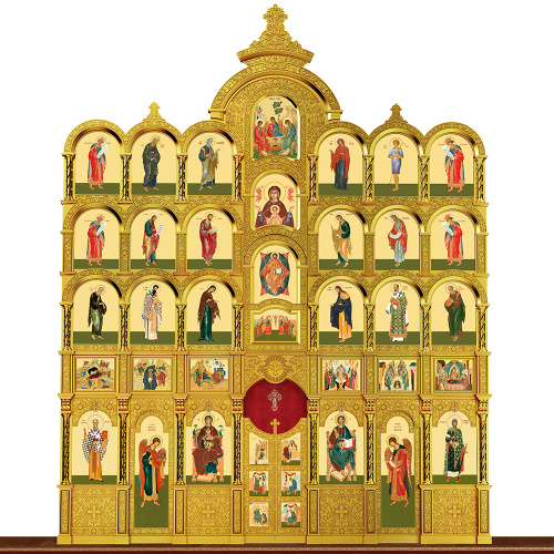 Иконостас деревянный резной "Владимирский" пятиярусный, цвет "золото", 690х860х45 см фото 2 Иконостас деревянный резной "Владимирский" пятиярусный, цвет "золото", 690х860х45 см фото 2