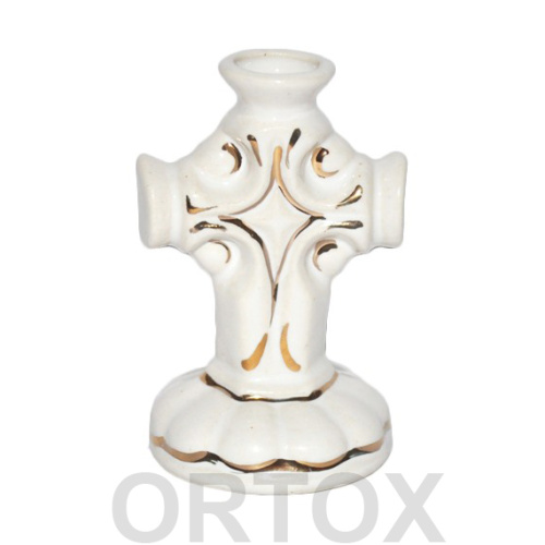Подсвечник настольный керамический "Крест малый", белый с золотом, высота 5,5 см фото 2