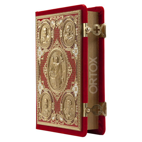 Евангелие требное среднее красное, оклад "под золото", бархат, 17х22 см фото 5
