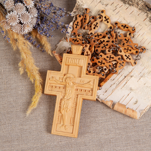 Крест наперсный деревянный резной, с цепью, 7х12 см фото 4