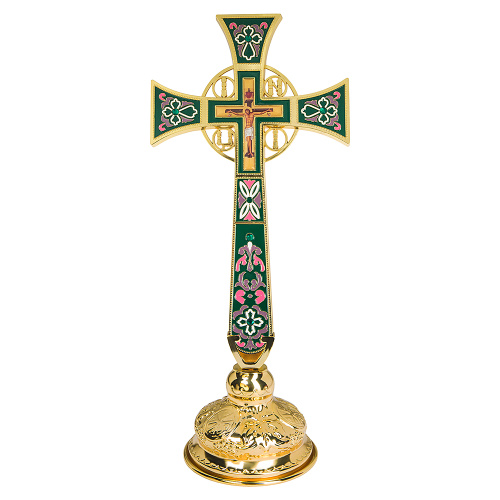 Крест требный четырехконечный, цинковый сплав, зеленая эмаль, камни, 17х29 см фото 7