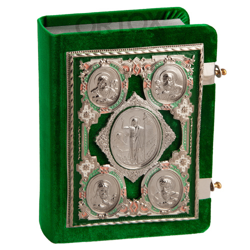 Евангелие требное среднее зелёное, оклад "под серебро", бархат, эмаль, 17х22 см фото 6