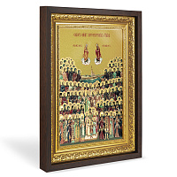 Икона Собора Санкт-Петербургских святых, в широком багете, цвет "темный дуб", на холсте, с золочением