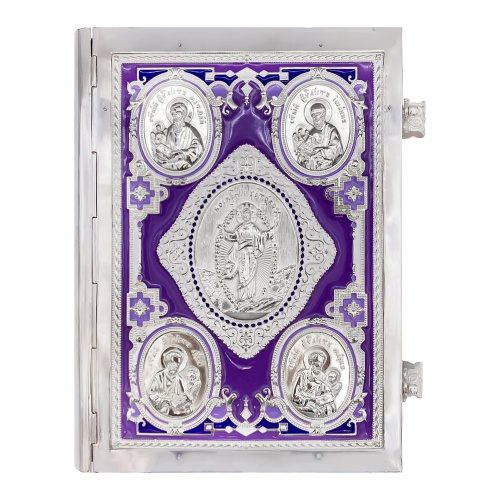 Евангелие требное малое фиолетовое, латунный оклад, серебрение, эмаль, 16,5х21,5 см