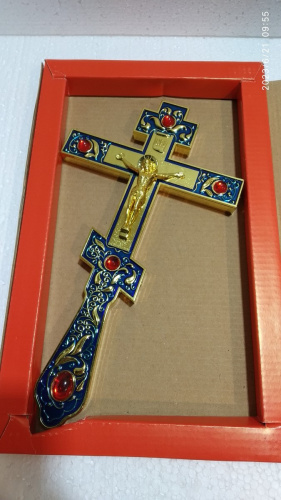 Крест напрестольный латунный синий, 14х26 см, красные камни, У-0634 фото 10