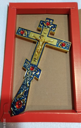 Крест напрестольный латунный синий, 14х26 см, красные камни, У-0634 фото 20