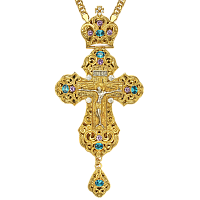 Крест наперсный латунный в позолоте, голубые фианиты, высота 16 см.