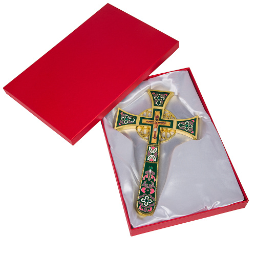 Крест требный четырехконечный, цинковый сплав, зеленая эмаль, камни, 17х29 см фото 12