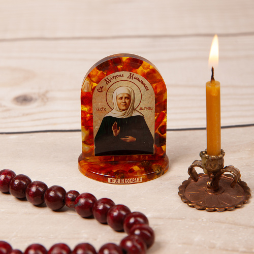 Икона настольная блаженной Матроны Московской, смола с янтарем, 4,5х6 см фото 2