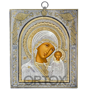 Икона Божией Матери Казанская AFON SILVER, 15х17 см, дерево, металл (античная риза) (настенная)