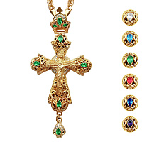 Крест наперсный из ювелирного сплава в позолоте с цепью, фианиты, 7х14 см