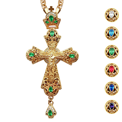 Крест наперсный из ювелирного сплава в позолоте с цепью, фианиты, 7х14 см