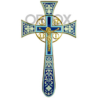 Крест напрестольный латунный "Новгородский", 14х26 см, синий, золотые буквы