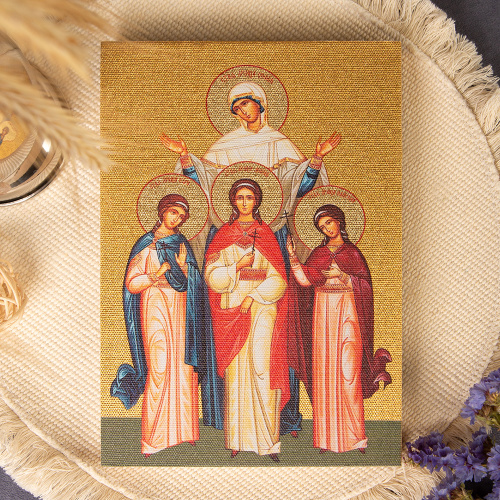 Икона святых мучениц Веры, Надежды, Любови и матери их Софии на деревянной основе светлая, на холсте с золочением фото 3