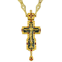 Крест наперсный латунный с цепью в позолоте, красные камни, 6х15 см